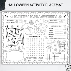 Halloween Activity Placemat Printable, Halloween Games For Kids, Happy Halloween Coloring Page, Halloween Party Games, Fall Classroom Craft