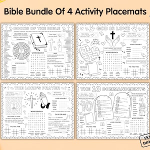 Bible Activity Placemat Bundle, Sunday School Craft Games, Bible Stories Kids Activity Mat, Childrens Church Coloring Page, Bible Verse Pack