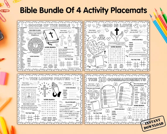 Bible Activity Placemat Bundle, Sunday School Craft Games, Bible Stories Kids Activity Mat, Childrens Church Coloring Page, Bible Verse Pack
