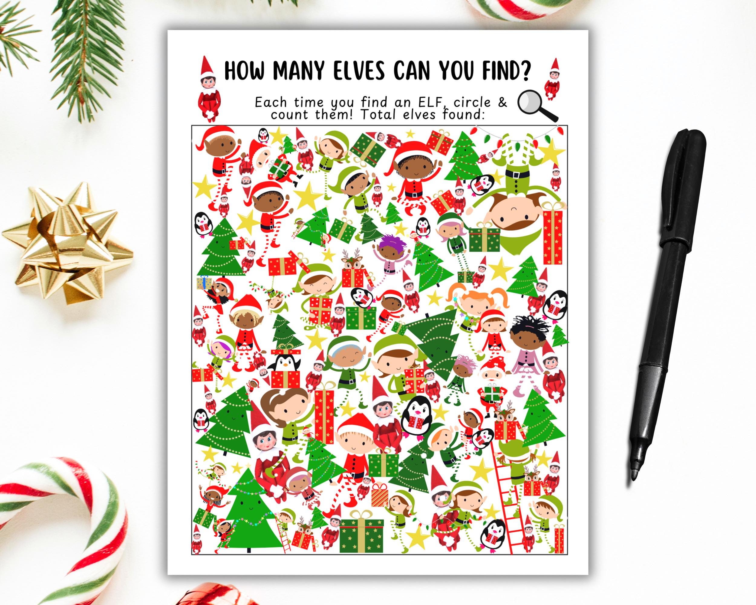 Christmas Elf I Spy Game, How Many Elves Can You Find, Christmas Day Kids Activity, Count And Find Game, Elf I Spy Family Game, Office Party