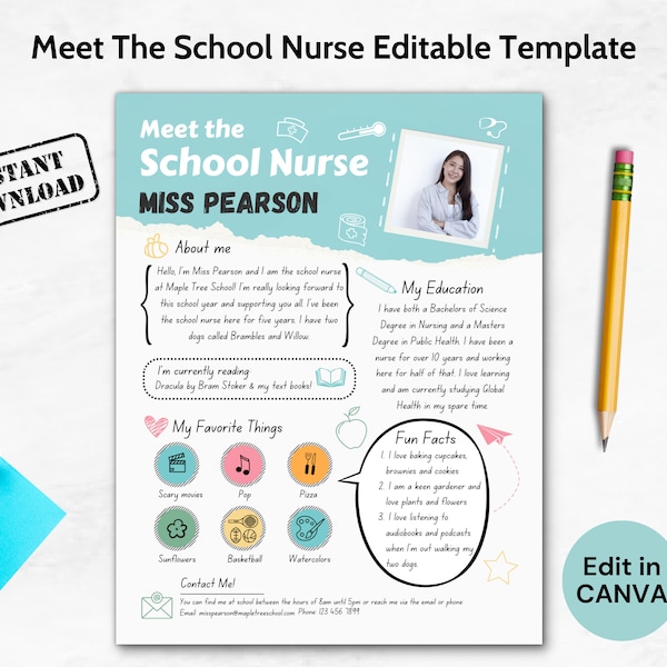 Meet The School Nurse Editable Template, Back To School Flyer, Get To Know The Nurse Welcome Newsletter, About Me New Nurse Introduction