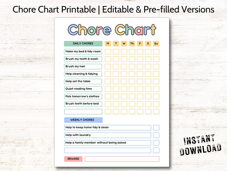 Kids Chore Chart. Chore Chart Printable Kids Chore Tracker - Etsy