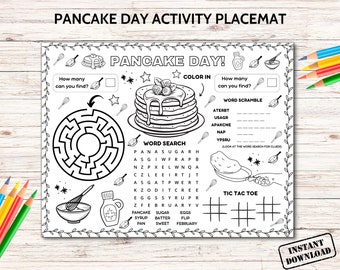 Pancake Day Activity Placemat Printable, Pancake Craft Coloring Page, Shrove Tuesday Table Game Mat, Kids Preschool Classroom Coloring Sheet