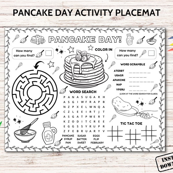 Pancake Day Activity Placemat Printable, Pancake Craft Coloring Page, Shrove Tuesday Table Game Mat, Kids Preschool Classroom Coloring Sheet