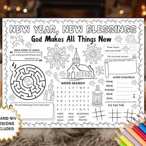 May include: Black and white coloring page with the text "NEW YEAR, NEW BLESSINGS" and various activities. Includes a maze, word search, word scramble, and tic-tac-toe. Features a church illustration and the text "God Makes All Things New."