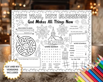 New Year Bible Activity Placemat, Christian New Year's Eve Coloring Page, Sunday School Games, Kids Homeschool Craft, Childrens Church Sheet