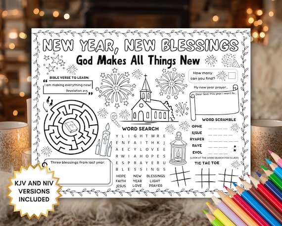 New Year Bible Activity Placemat, Christian New Year's Eve Coloring Page, Sunday School Games, Kids Homeschool Craft, Childrens Church Sheet