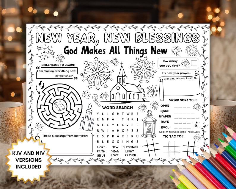 New Year Bible Activity Placemat, Christian New Year's Eve Coloring Page, Sunday School Games, Kids Homeschool Craft, Childrens Church Sheet