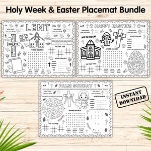 Paquete de manteles individuales con actividades de Semana Santa, historia de Pascua para colorear, manualidad de la escuela dominical, juegos para niños en temporada de Cuaresma, actividad de versículos bíblicos para la iglesia para niños