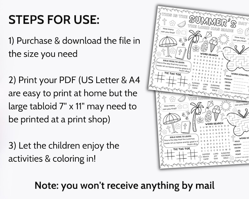 Summer Bible Activity Placemat, VBS Coloring Craft Printable, Sunday School Games Sheet, Kids Homeschool Lesson, Christian Children's Church