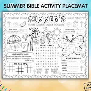 Summer Bible Activity Placemat, VBS Coloring Craft Printable, Sunday School Games Sheet, Kids Homeschool Lesson, Christian Children&#39;s Church