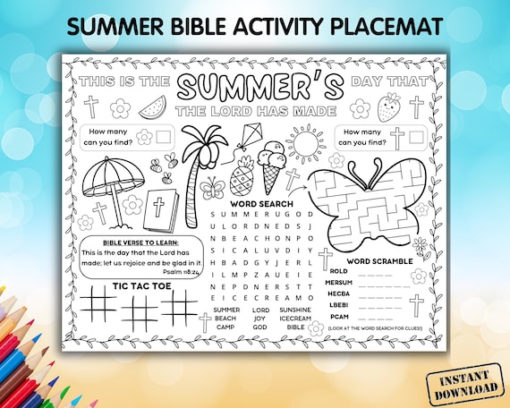 Summer Bible Activity Placemat, VBS Coloring Craft Printable, Sunday School Games Sheet, Kids Homeschool Lesson, Christian Children's Church