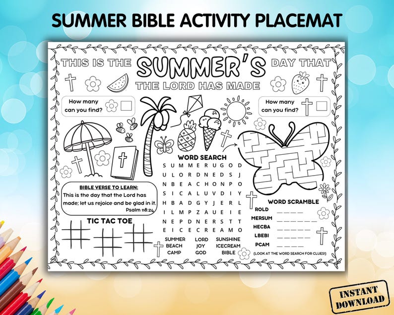 Summer Bible Activity Placemat, VBS Coloring Craft Printable, Sunday School Games Sheet, Kids Homeschool Lesson, Christian Children's Church