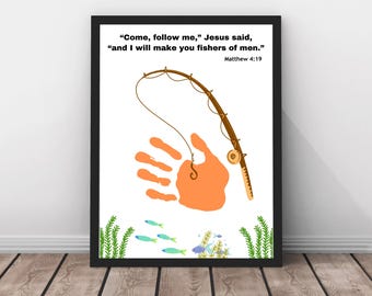 Christian Handprint Craft Keepsake Printable, Sunday School Activity, Bible Verse Art, Handprint Art Matthew 4:19, Fish Handprint Scripture