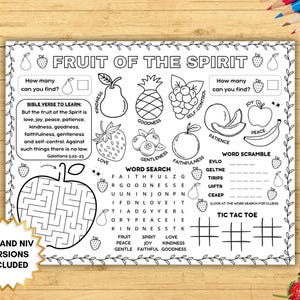 Fruit Of The Spirit Activity Placemat, Sunday School Coloring Printable, Kids Bible Lesson Galatians 5:22, Christian Children's Church Games