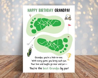 May include: A greeting card with a golf theme. The card features green footprints, golf course elements, and the text "HAPPY BIRTHDAY GRANDPA!". The card also includes a poem about a grandfather.