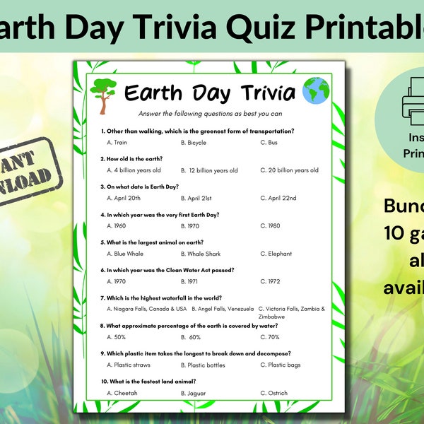 Earth Day Trivia Printable, Happy Earth Day Quiz Activity, Environmental Trivia Game, Office Party Games, Family or School Classroom Games