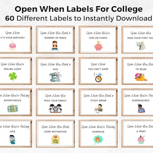 Etiquetas para sobres con el mensaje "Open When" para la universidad, 60 tarjetas con el mensaje "Open When", cartas con el mensaje "Open When" para regalo universitario, kit de supervivencia para paquetes de cuidados para estudiantes universitarios