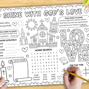 Bible Activity Placemat Coloring Page, Sunday School Craft, Christian Kids Printable, Shine With Gods Love Verse Sheet, Children Church Game, NIV KJV versions, teacher resources ministry classroom
