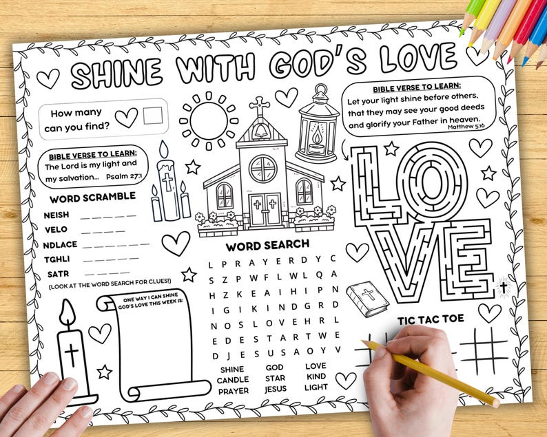 Bible Activity Placemat Coloring Page, Sunday School Craft, Christian Kids Printable, Shine With Gods Love Verse Sheet, Children Church Game, NIV KJV versions, teacher resources ministry classroom