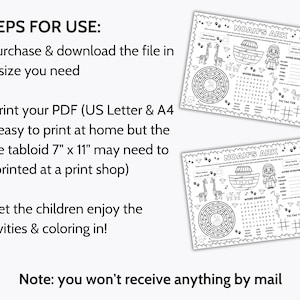 May include: Black and white printable activity sheet featuring Noah's Ark with a word search, word scramble, maze, and tic-tac-toe game. The text "Noah's Ark" is at the top of the sheet. The instructions for use are: "Purchase & download the file in the size you need. Print your PDF (US Letter & A4 are easy to print at home but the large tabloid 7" x 11" may need to be printed at a print shop). Let the children enjoy the activities & coloring in! Note: you won't receive anything by mail."