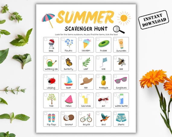 Summer Scavenger Hunt, Outdoor Summer Treasure Hunt Printable, Nature Scavenger Hunt For Kids, Kids Nature Games, Preschool Summer Activity