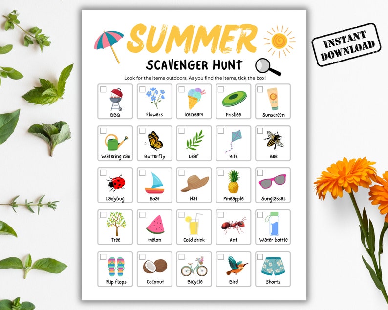 Summer Scavenger Hunt, Outdoor Summer Treasure Hunt Printable, Nature Scavenger Hunt For Kids, Kids Nature Games, Preschool Summer Activity