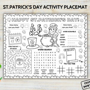 May include: A black and white printable St Patrick's Day activity placemat with a variety of games and activities, including a word search, word scramble, noughts and crosses, and a maze. The placemat features a shamrock, a pot of gold, and a leprechaun.
