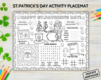 St. Patrick's Day-activiteitenplacemat, Paddy's Day-activiteitenblad, Kabouterkinderen kleurplaat, St. Patrick's Day-spel, Homeschool-knutselvel