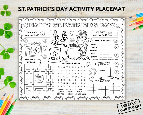 St. Patrick's Day Activity Placemat, Paddys Day Activity Sheet, Leprechaun Kids Coloring Page, St Patrick's Day Game, Homeschool Craft Sheet
