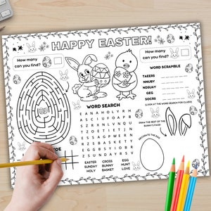 Easter Activity Placemat Printable, Happy Easter Craft Coloring Page, Kids Table Game Mat Preschool Classroom Coloring Sheet, Sunday School