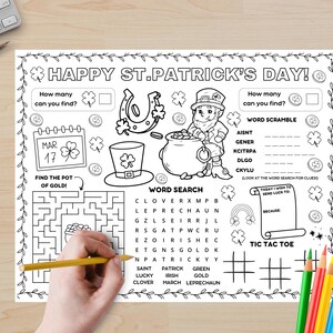 St. Patrick's Day Activity Placemat, Paddys Day Activity Sheet, Leprechaun Kids Coloring Page, Homeschool Saint Patrick's Day Placemat Craft