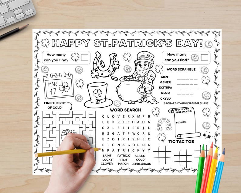 St. Patrick's Day Activity Placemat, Paddys Day Activity Sheet, Leprechaun Kids Coloring Page, Homeschool Saint Patrick's Day Placemat Craft