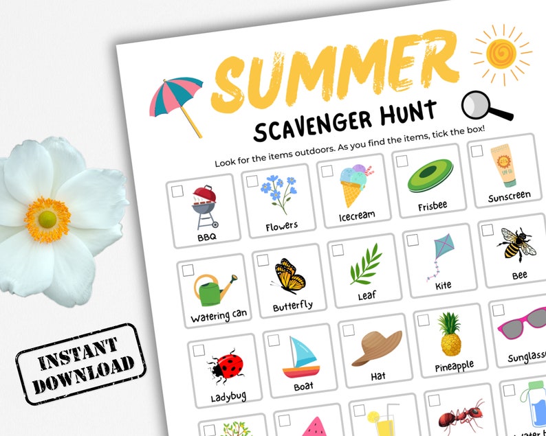 Summer Scavenger Hunt, Outdoor Summer Treasure Hunt Printable, Nature Scavenger Hunt For Kids, Kids Nature Games, Preschool Summer Activity