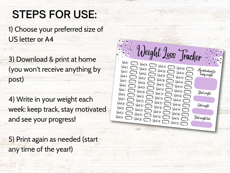 Weight Loss Tracker Printable, Weight Loss Challenge, Weekly Weigh in Log, Slimming Log Planner, 52 Week Weight Loss Journal, Diet Tracker image 3