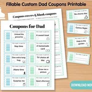 Cadeau livre de coupons pour papa, coupons de fête des pères imprimables, cadeau d'anniversaire de dernière minute amusant à faire soi-même pour papa, modèle de bons de réduction modifiables à remplir personnalisés