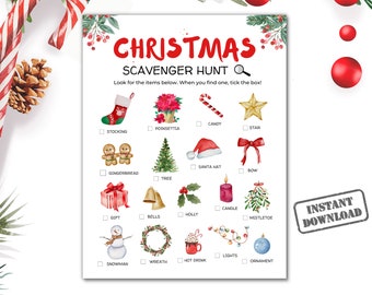 Christmas Scavenger Hunt Game, Printable Treasure Hunt, Kids Indoor Christmas Day Idea, Family Holiday Activity, Classroom Fun Young Child