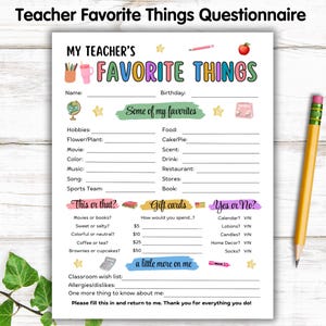Teacher Favorite Things Questionnaire, Get To Know Teacher Survey Template Printable, Staff Gift Teacher Appreciation, All About My Teacher