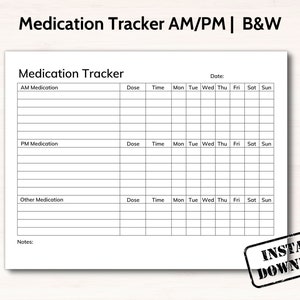 Medication Tracker Printable, Daily Medication Log, Weekly Medicine Tracker, Supplement Vitamin List, Pill Tracker Form, Medicine Chart, B&W