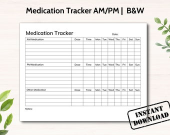 Medication Tracker Printable, Daily Medication Log, Weekly Medicine Tracker, Supplement Vitamin List, Pill Tracker Form, Medicine Chart, B&W