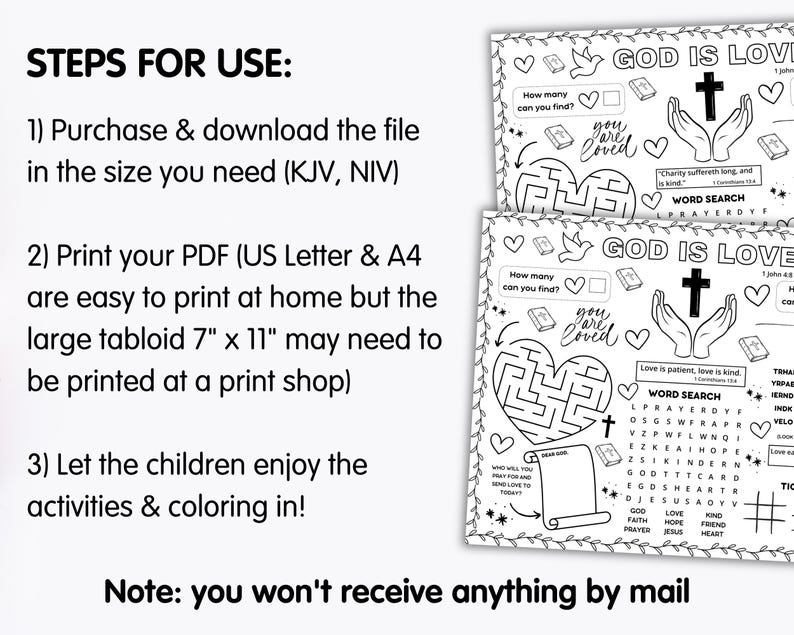 Bible Love Activity Placemat, Christian Valentines Bible Craft Games, Sunday School Activity, God Is Love Childrens Church Coloring Page image 5