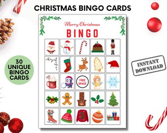 Christmas Bingo Printable Game, 30 Unique Xmas Bingo Cards for Kids Or Adults, Classroom Holiday Party Ideas, Family Festive Group Activity