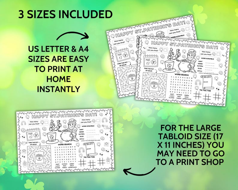 St. Patrick's Day Activity Placemat, Paddys Day Activity Sheet, Leprechaun Kids Coloring Page, Homeschool Saint Patrick's Day Placemat Craft