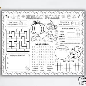 Afdrukbare placemat herfstactiviteit, herfstspellen voor kinderen, herfstkleurplaat, herfstfeestspellenpagina, placemat ambacht voor thuisonderwijs of klaslokaal
