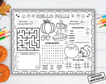 Mantel individual imprimible con actividades de otoño, juegos de otoño para niños, página para colorear de otoño, página de juegos de fiesta de otoño, manualidad de mantel individual para la educación en casa o en el aula