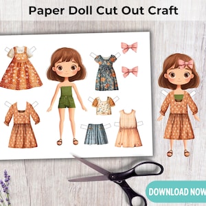 May include: A paper doll cut-out craft featuring a doll and various outfits. The outfits include dresses, tops, shorts, and bows. The doll and outfits are illustrated with a watercolor style. Scissors are placed near the paper doll cut-out.