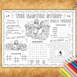 Placemat-activiteitspagina paasverhaal, afdrukbare bijbel Heilige Week, zondagsschoolspellen voor kinderen, kleurplaten voorschoolse opvang, christelijke thuisschool