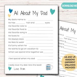 Carta "Todo sobre mi papá", Cuestionario de agradecimiento para papá, Carta imprimible para papá, Encuesta de regalos de feliz cumpleaños para niños, Cuestionario para el Día del Padre