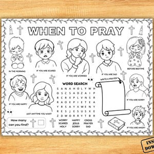 Prayer Bible Lesson Activity Placemat, Sunday School Craft, Vacation Bible School VBS, Children&#39;s Church Coloring, Christian Homeschool Game