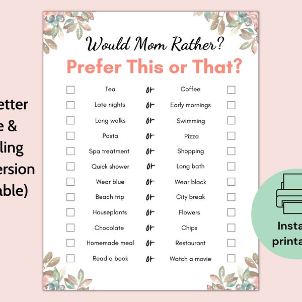 Who Knows Mom Best, Would Mom Rather, Mom Trivia Game, Would You Rather, This or That, Mother's Day Party Game Activity, Mom Birthday Games